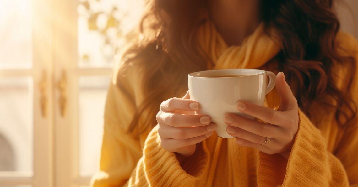 Woman in cozy sweater holding mug of warm beverage