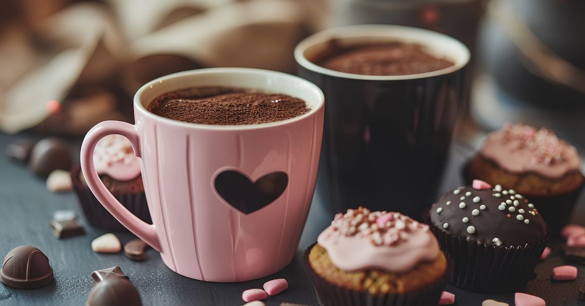 Two chocolate mug cakes with cupcakes and sprinkles around them