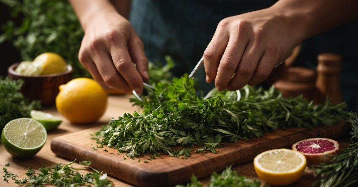 Person chopping herbs on cutting board