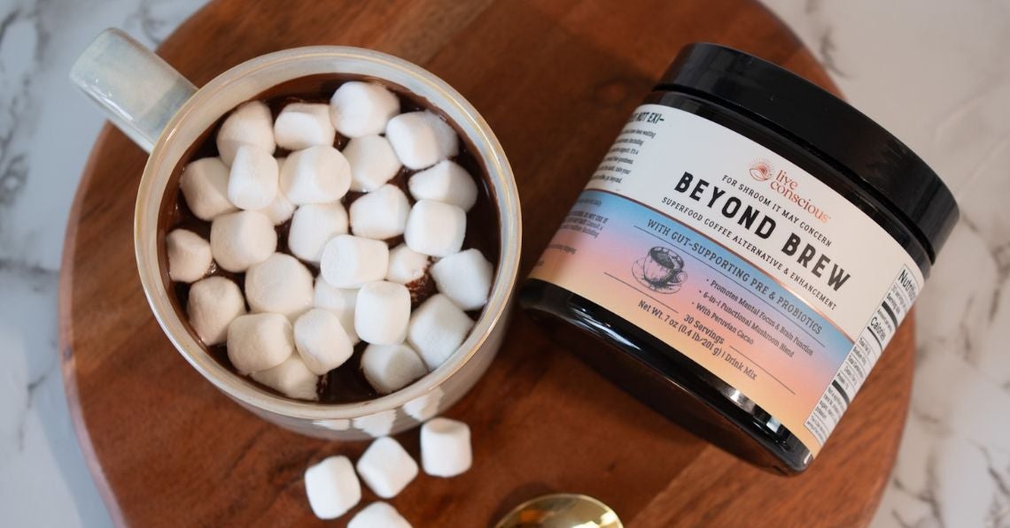 Beyond Brew by Live Conscious with a cup of hot cocoa with marshmallows