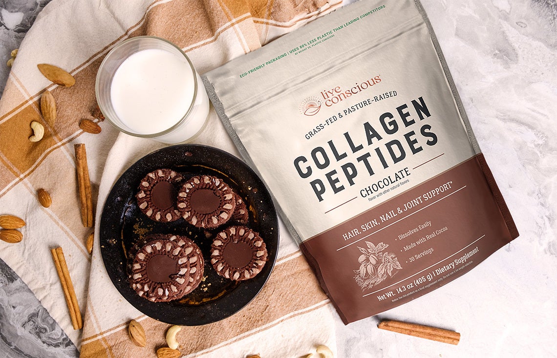 Live Conscious Chocolate Peptides with a plate of chocolate cookies