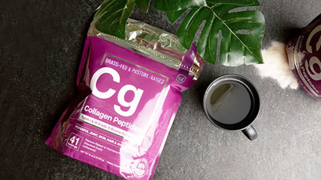 A bag of Collagen Peptides with a cup of coffee